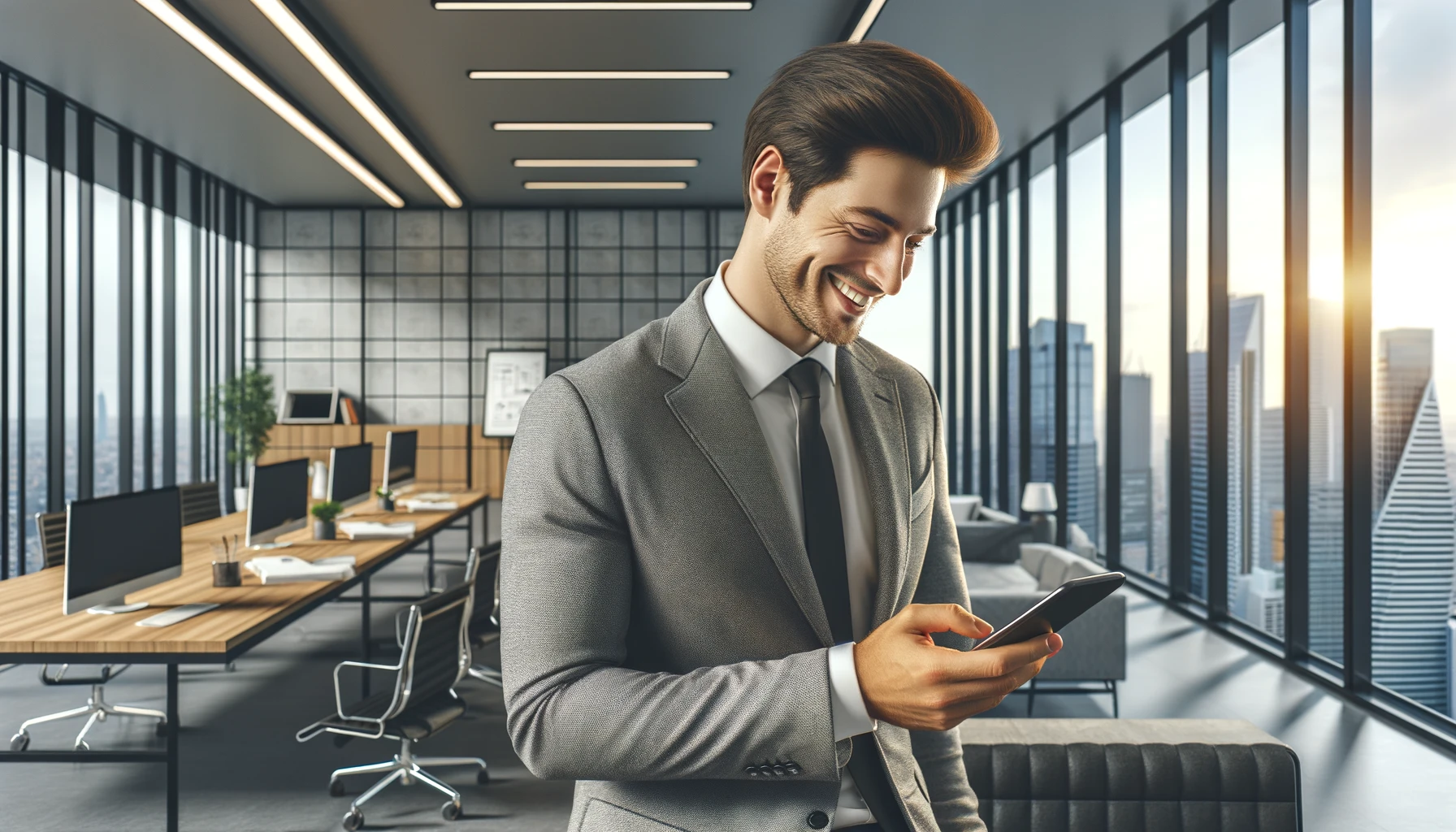 a smiling man in a gray suit using his phone in a modern office setting.