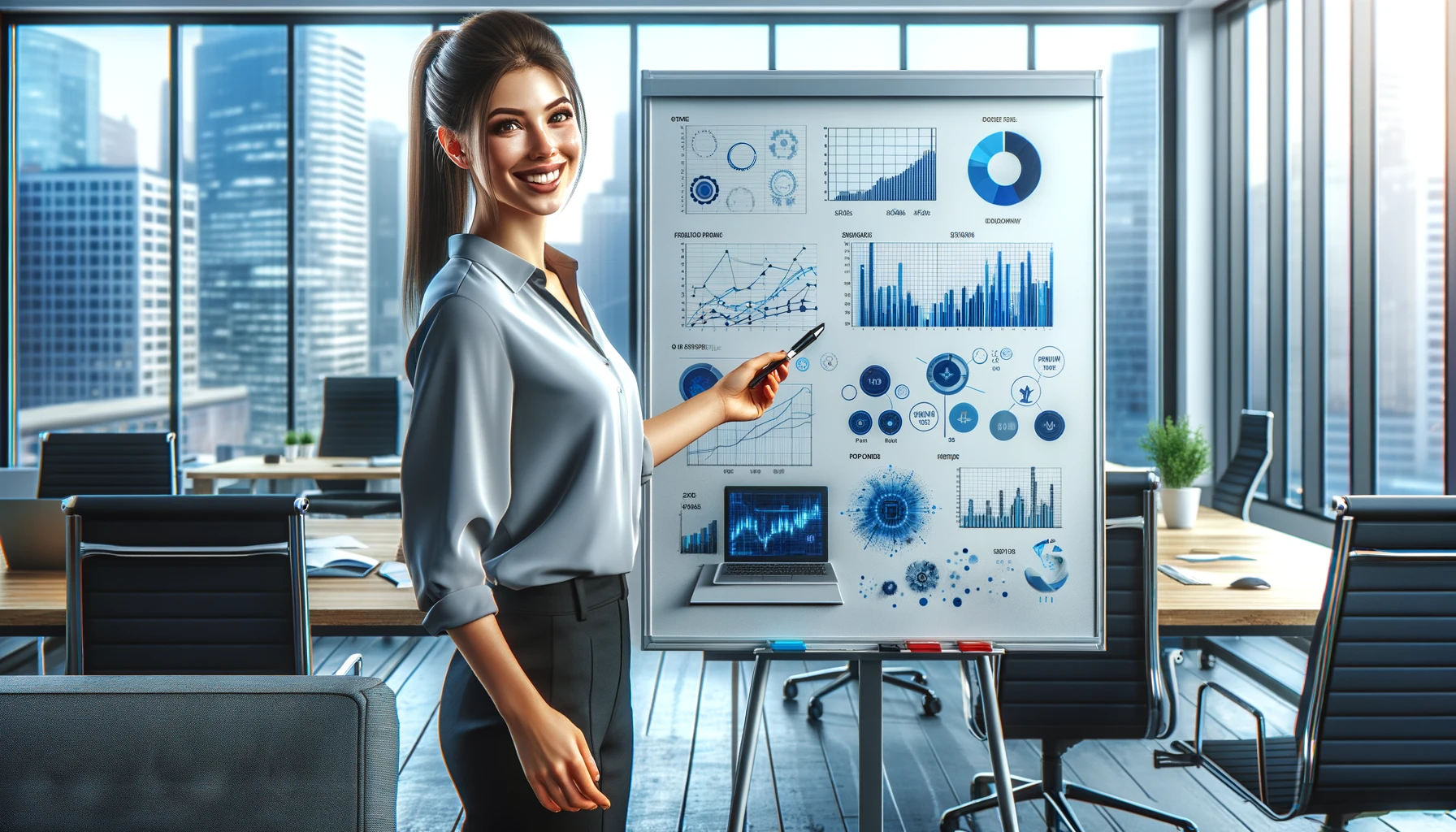 a smiling woman presenting analytics on a whiteboard in a modern office setting.