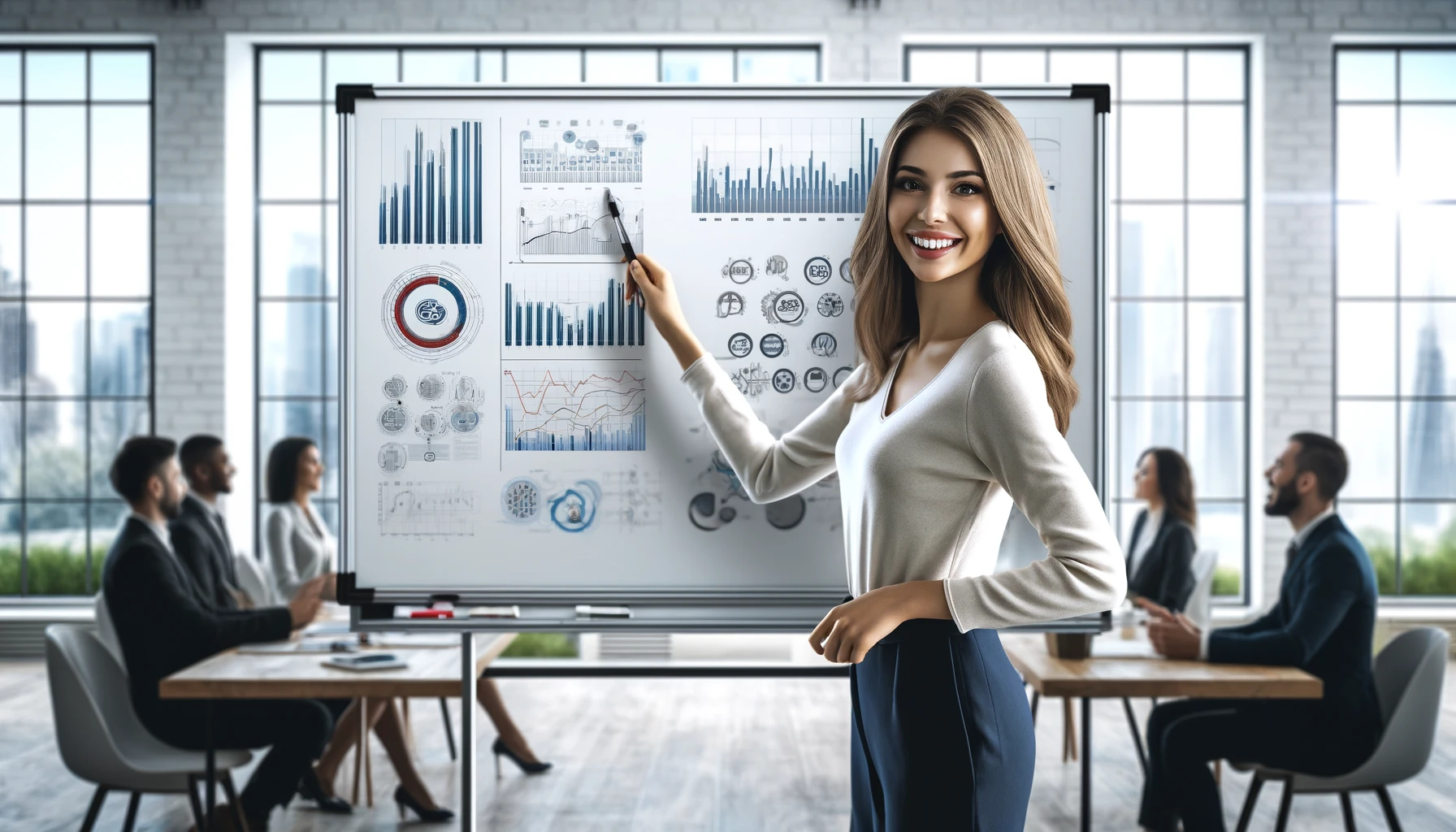 a smiling woman presenting analytics on a whiteboard in a modern office setting. She is pointing at various graphs and charts on the whiteboard, with office equipment and a cityscape visible through the window in the background.