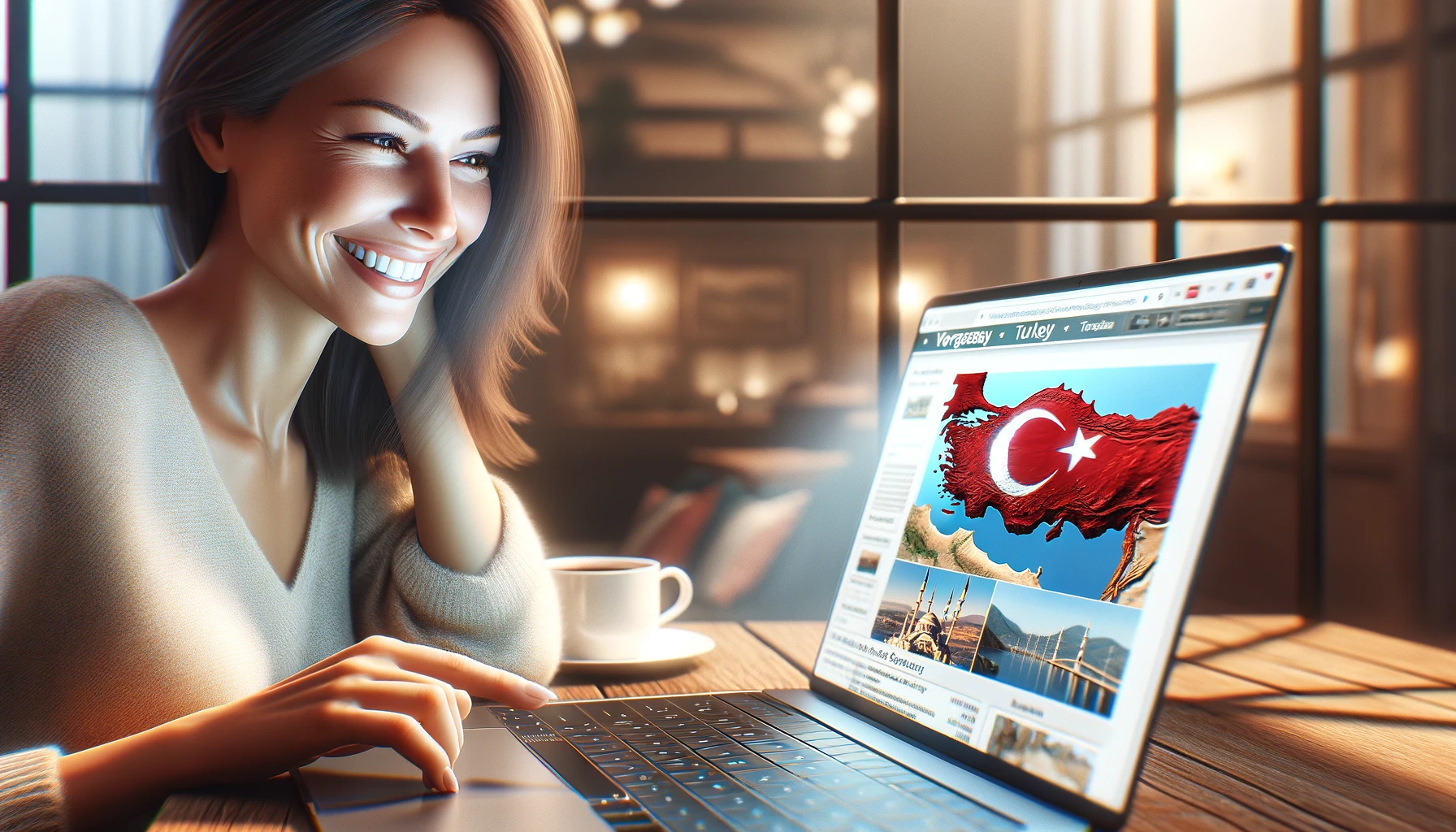 a smiling woman looking at her laptop screen, which displays information about Turkey.