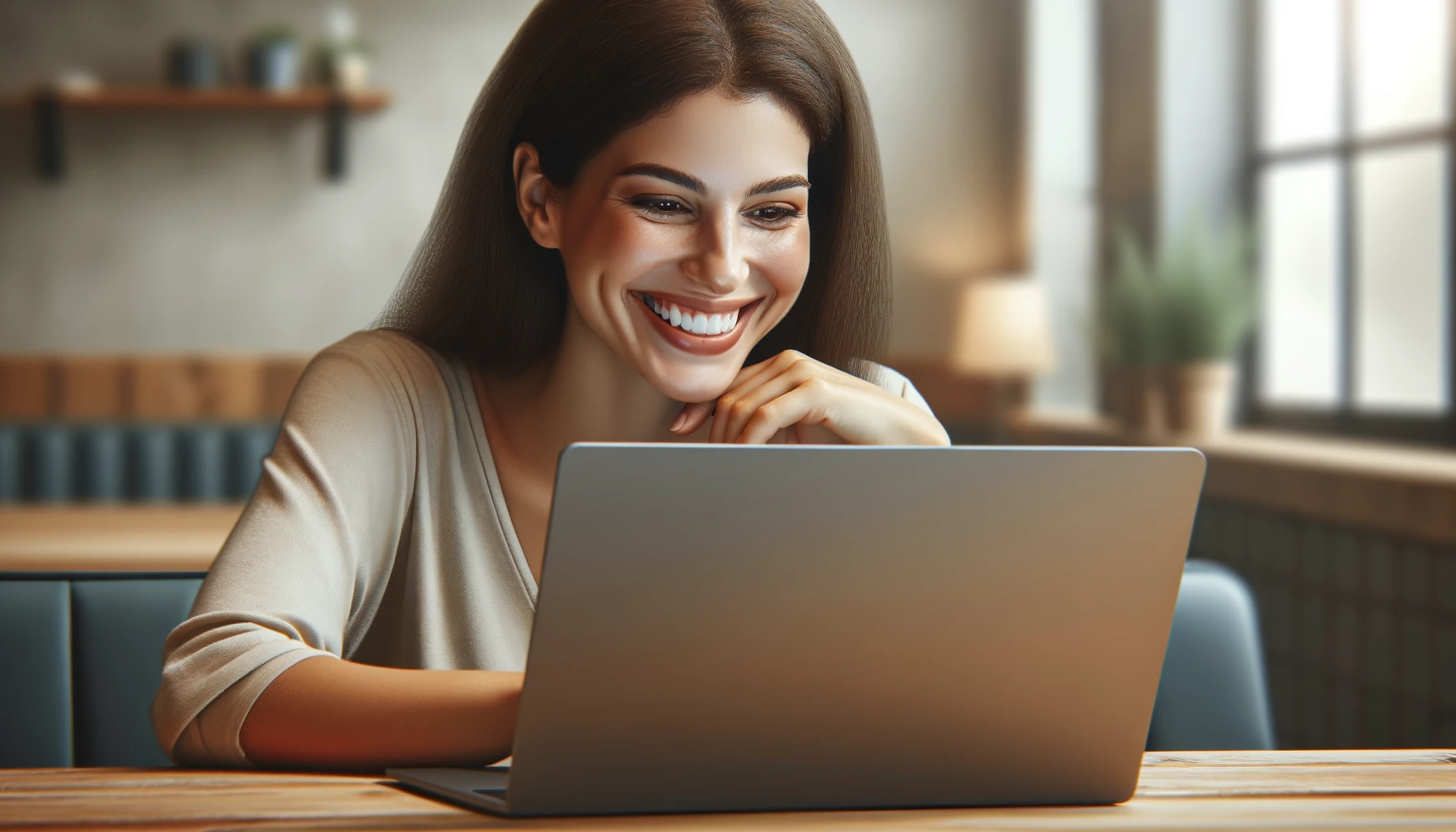 a smiling woman with long dark hair looking at her laptop screen.