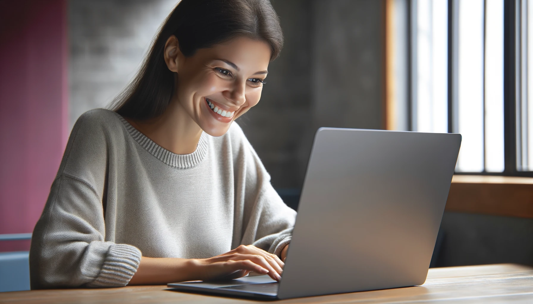 a smiling woman watching something on her laptop near the window.