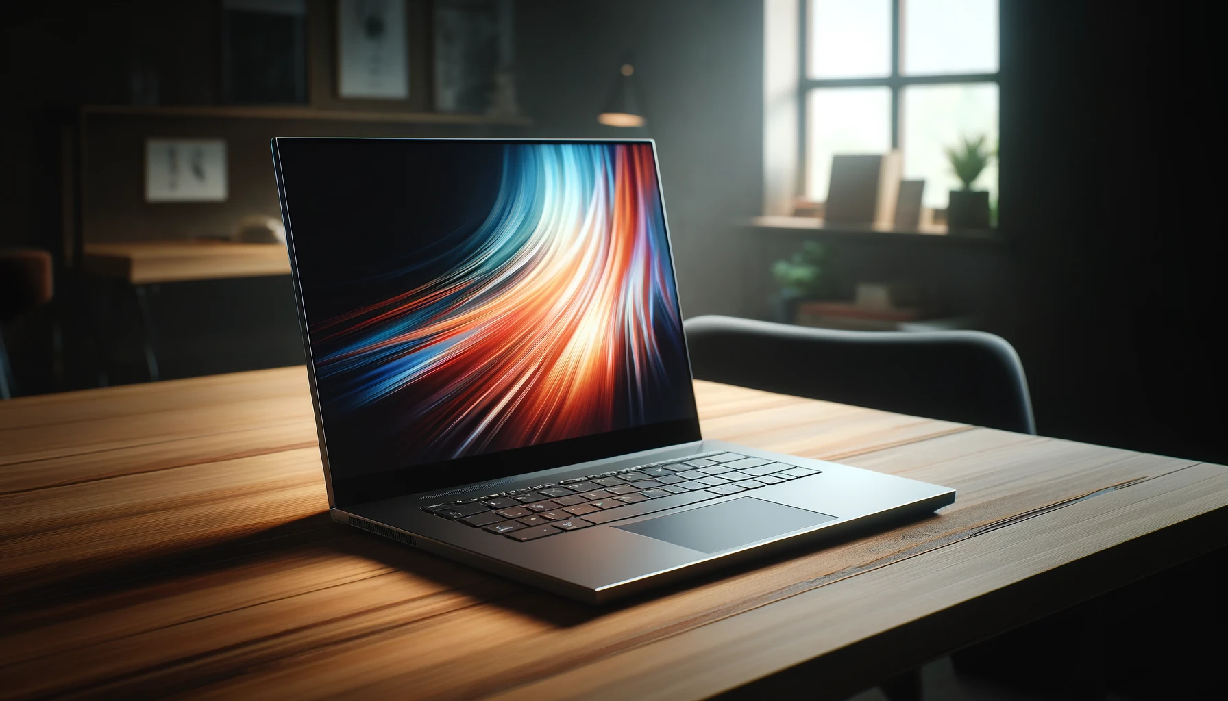 a sleek laptop placed on a wooden desk. The laptop screen displays a video, clearly visible, with the surrounding environment reflecting a home office setup.