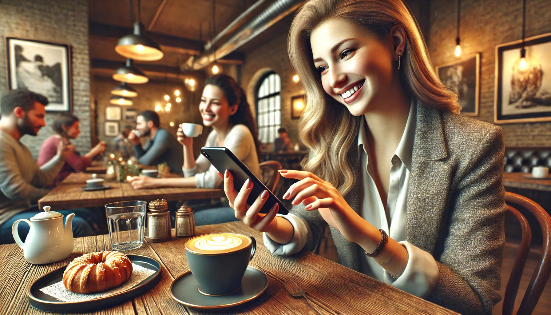 a smiling blonde woman using her phone while sitting in a cafe. A cup of coffee and a donut are on the table in front of her.