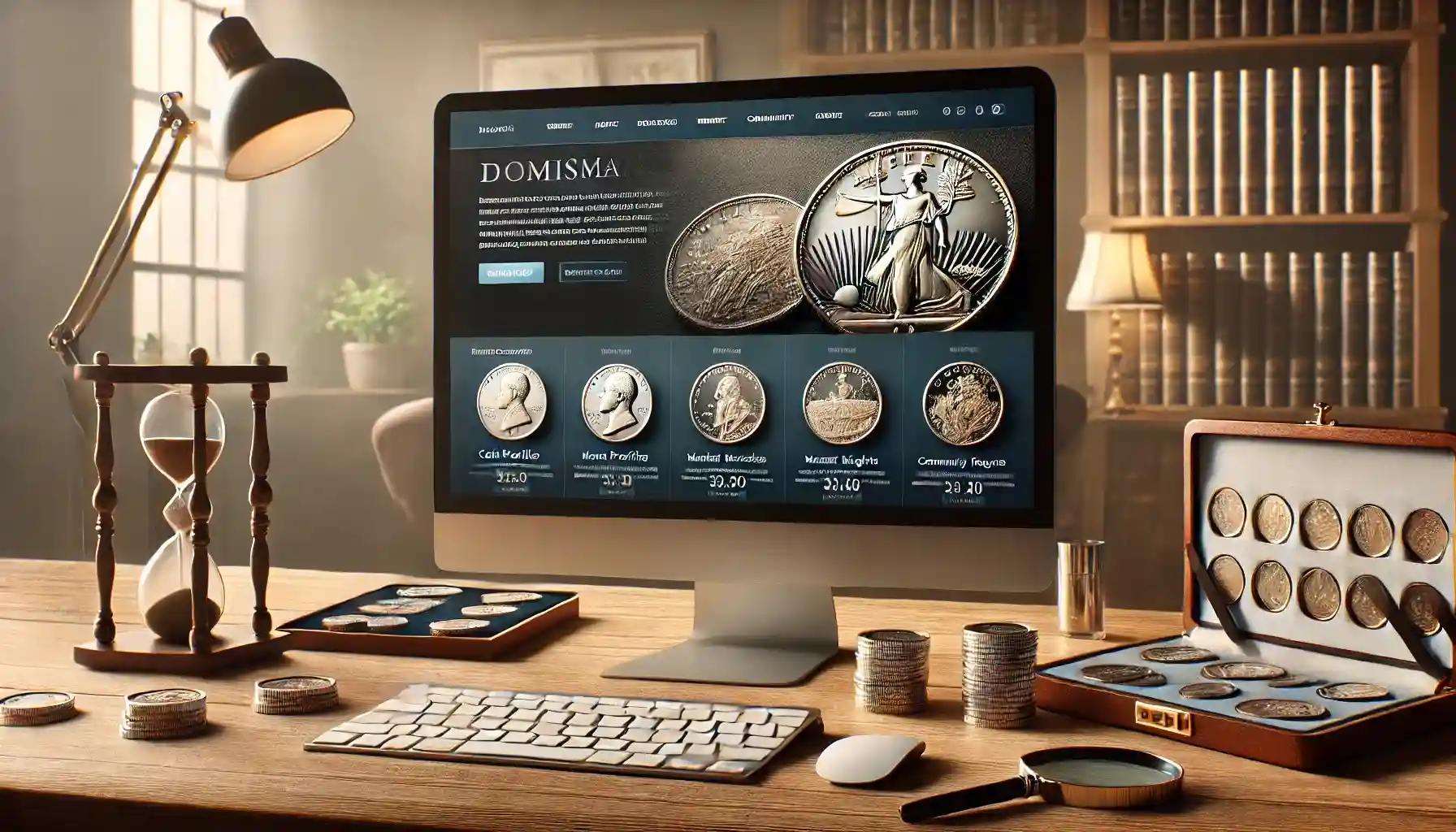 a numismatic website displayed on a desktop computer. The website features high-quality images of rare coins, detailed descriptions and an interactive layout.