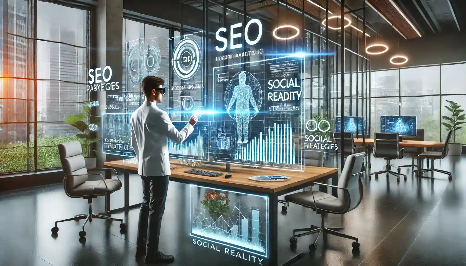 a digital marketing professional working at a modern office, using augmented reality technology to visualize data and strategies.