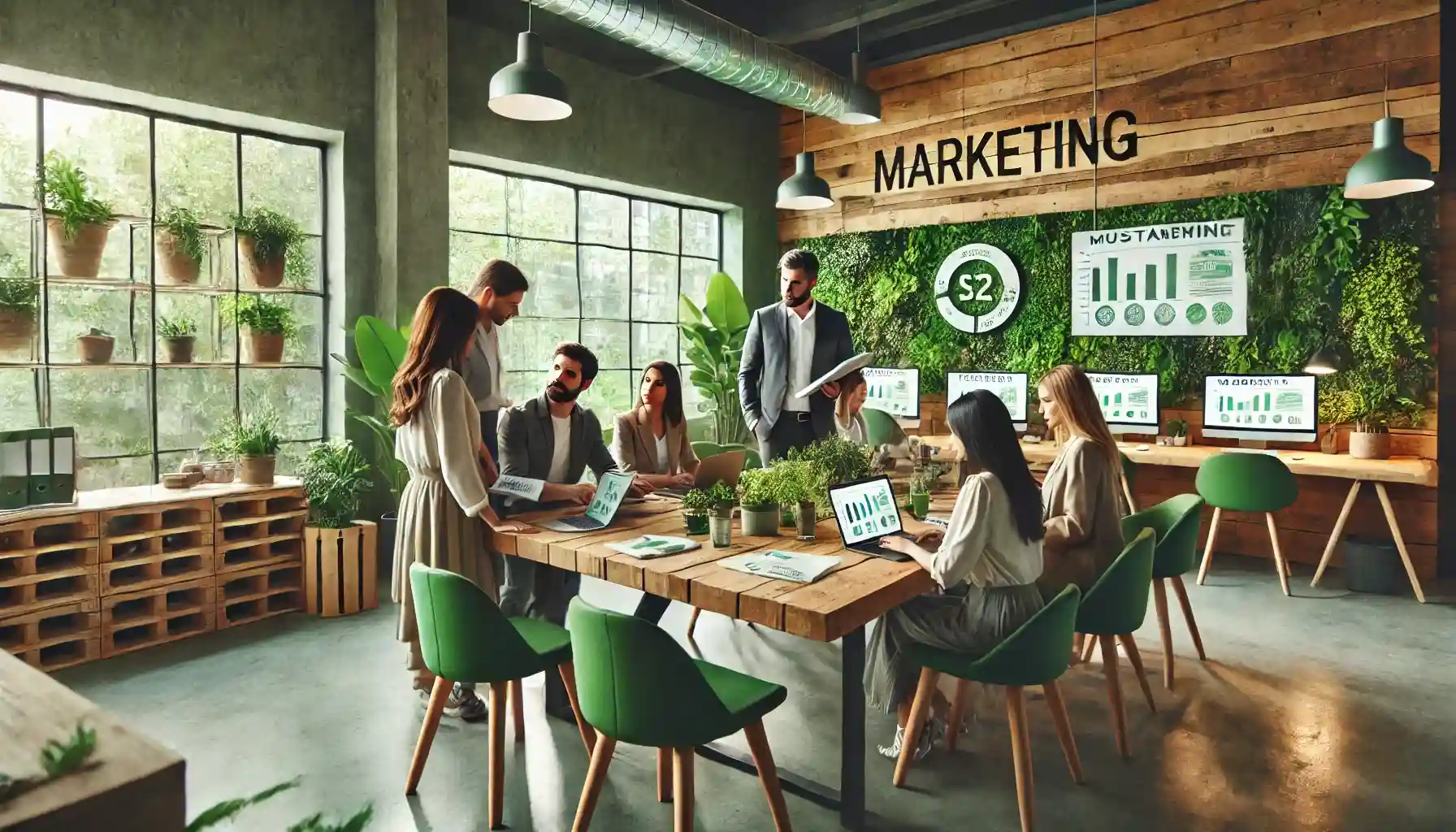 an eco-friendly marketing office, showcasing a team of professionals discussing strategies in a sustainable environment.